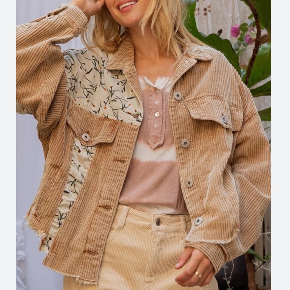 POL Tan Brown Corduroy Floral Patch Jacket S - Picture 1 of 16